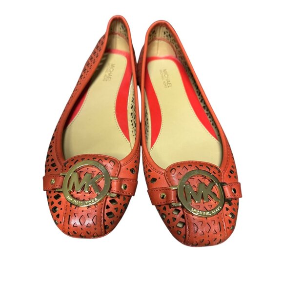 Michael Kors Orange Laser Cut Leather Ballet Flats With Gold MK Logo Womens Size - Picture 6 of 7
